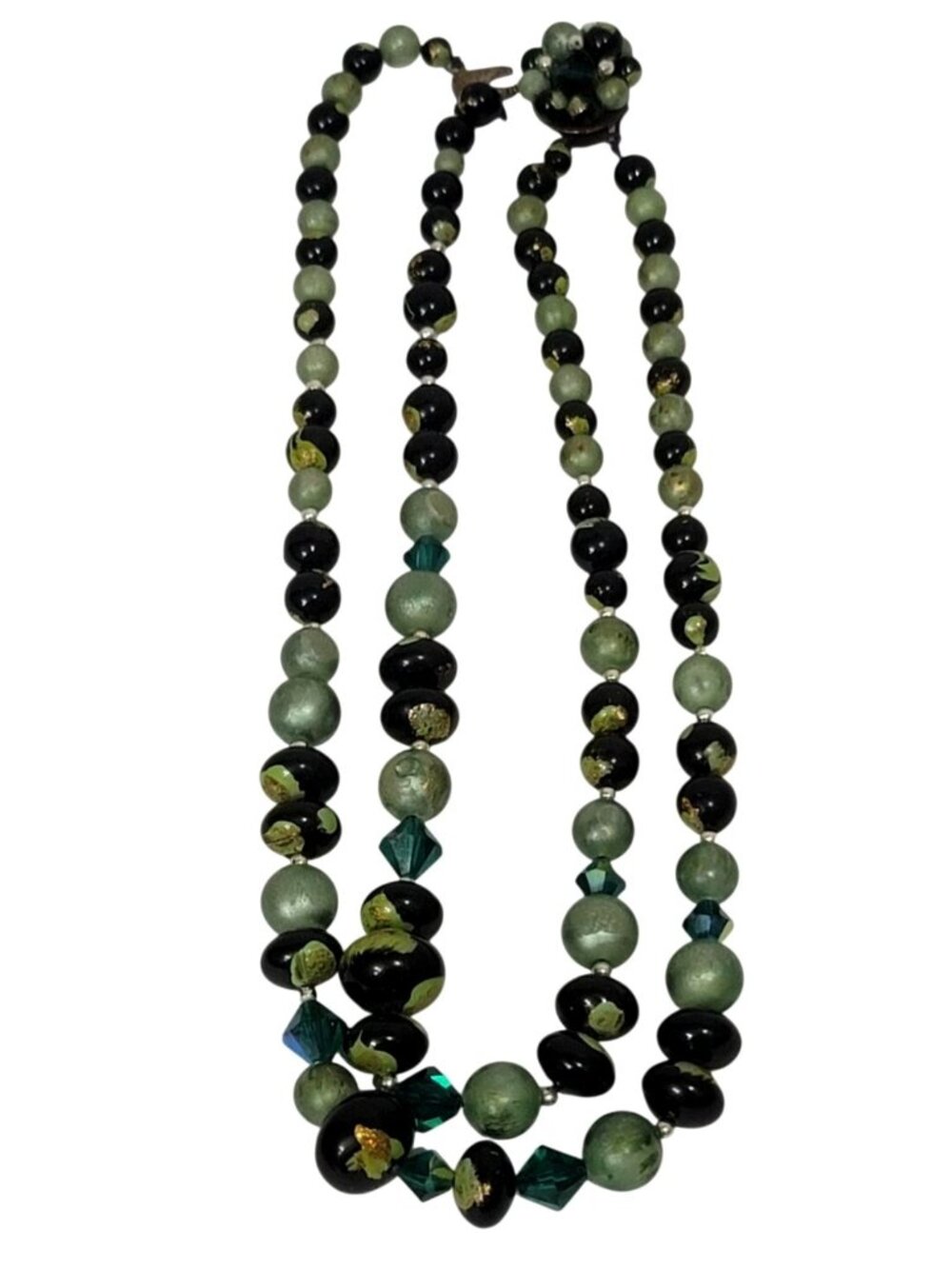 Vintage Double-Strand Green & Black Beaded Necklace Gold Accents Japan